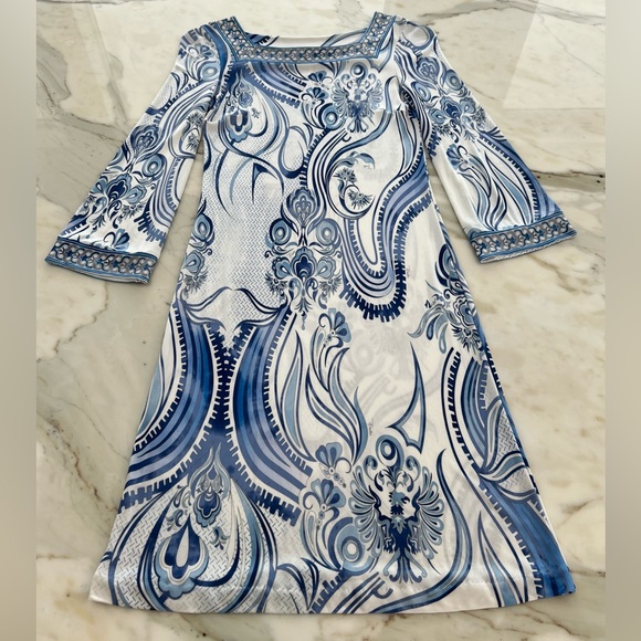 EMILIO PUCCI BLUE WHITE BELL SLEEVE SQUARE NECK DRESS SIZE IT 40 / US 6 - Picture 8 of 16